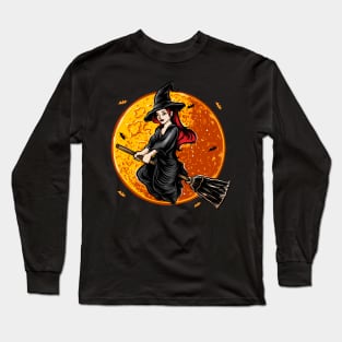 Flying witch with moon Halloween Long Sleeve T-Shirt